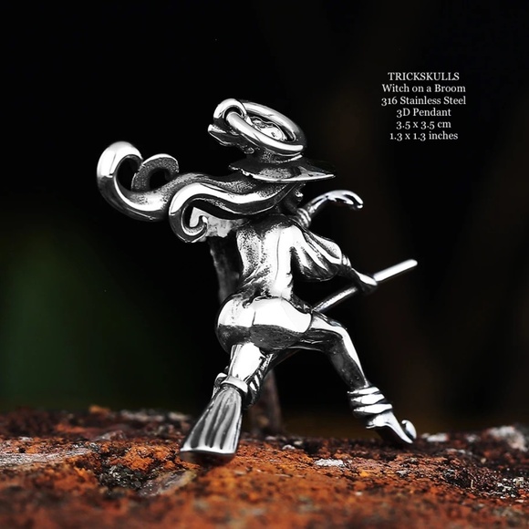 Witch on a Broom Wiccan 316 Stainless Steel 3D Two Sided + 60 cm Round Box Chain - Picture 4 of 8